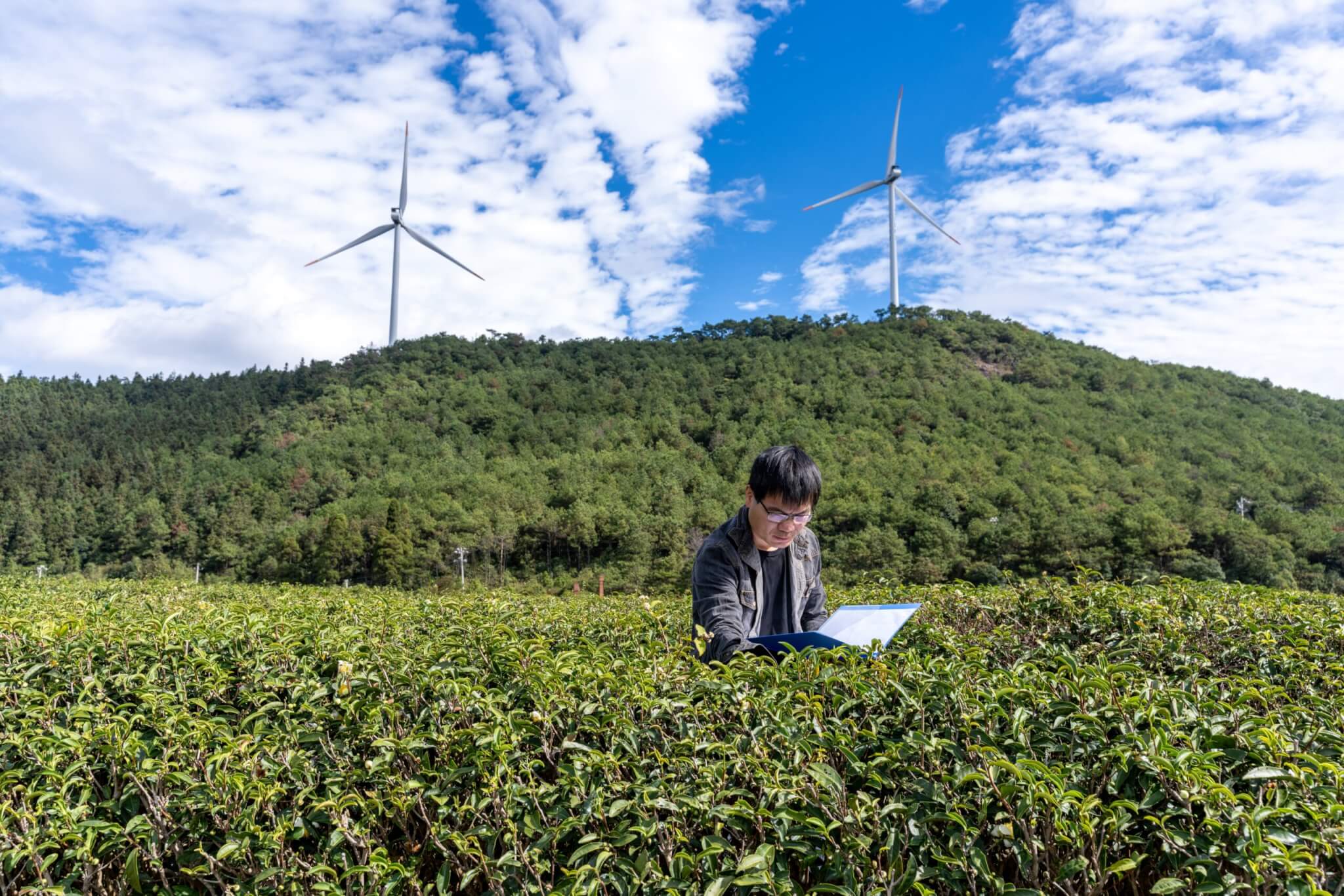 farmer in a field with a wind turbine in the background